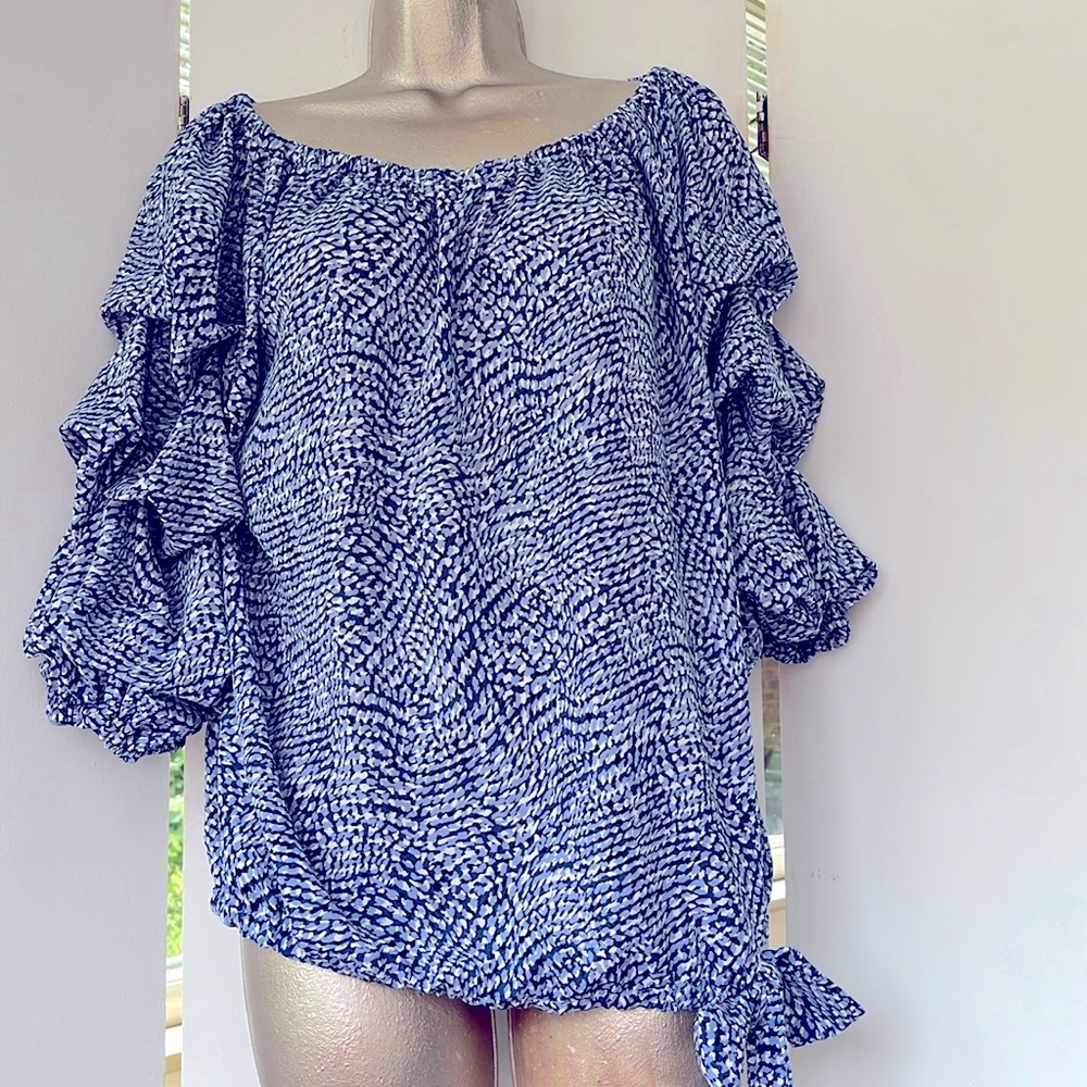 CeCe Blue and White Ruffle Sleeve Top